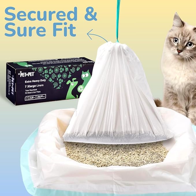 PET N PET Extra Large Cat Litter Box Liners, 7 Count, Heavy Duty & Leak Resistant, Tear-Resistant, Drawstring Closure, Fits Most Standard Litter Boxes