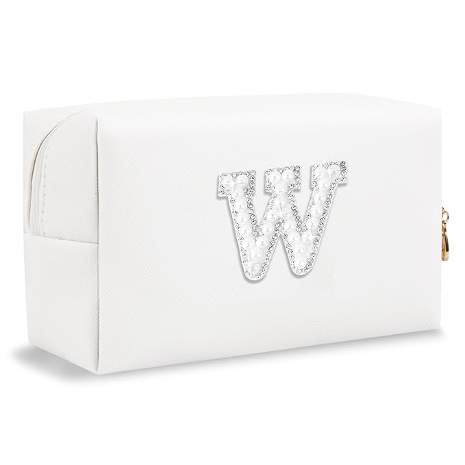 Bride Gifts – Personalized Initial Makeup Bag with Pearl Rhinestone Patch, Preppy White Monogram Cosmetic/Toiletry Pouch, bridesmaid Gifts, Bridal Shower Gifts, Wedding Gifts, Bridal Gifts,W