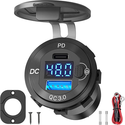 High Voltage USB Outlet 12V 24V 36V 48V 60V Aluminum Car Charger Socket, PD 30W USB C and QC 36W Car USB Port Waterproof Cigarette Lighter Power Adapter DIY Kit with Button Switch for Ship Truck, etc.