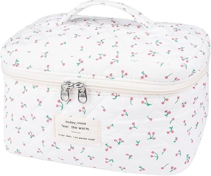 Large Travel Quilted Makeup Bag for Women,Big Floral Cotton Cosmetic Bag, Cute Coquette Aesthetic Floral Toiletry Organizer Bag (White Cherry)