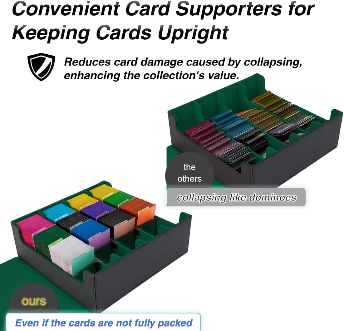 Venssu Card Storage Box For Trading Cards With Dedicated Card Supporters,3000+ Mtg Deck Box With 24 Colorful Divider Tabs,Trading Card Storage Fits For Magic Game Cards (Black and Green)