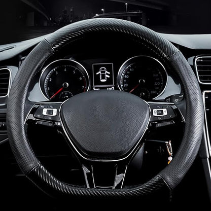 Car Carbon Fiber and Leather D-Shape Steering Wheel Cover, Stylish car Non-Slip Leather car Interior 15 inches Universal Black