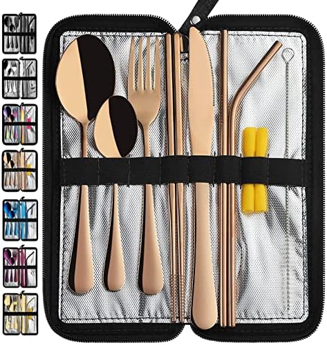 Portable Travel Utensils, Reusable Silverware with Case for Fixing Tableware, 9 Pieces Stainless Steel Stable Flatware Set, Camping Picnic Cutlery Set (Rose Gold Set)