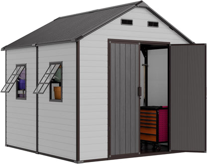 8x8 Shed with Floor, Heavy-Duty Plastic Resin Sheds & Outdoor Storage, Garden Tool Shed for Backyard, Patio, Bike Storage with Lockable Awning Windows & Reinforced Steel Frame（23-Gauage