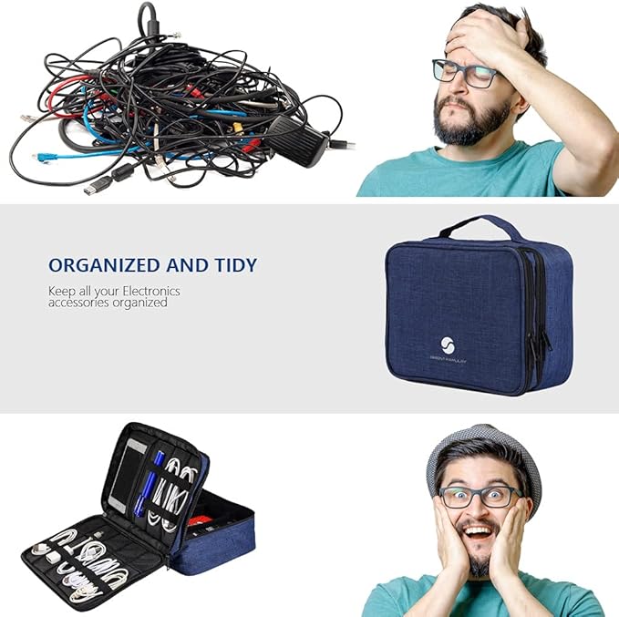 ORIENT FAMULAY Travel Electronics Organizer, Waterproof Cable Organizer Bag for Electronic Accessories Double Layer Large Shockproof Cable Storage Bag for Cord, Power Bank, Tablet(Up to iPad 11 inch) - Royal Blue