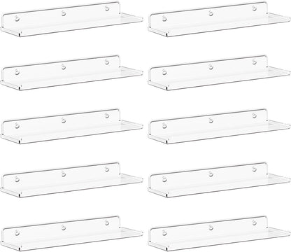 Lifewit Floating Shelves for Wall, 10 Pack Clear Acrylic Shelf 15" Room Decor for Bookcase/Vinyl Record Display/Photo/Picture in Bedroom, Living Room, Bathroom, Kitchen Storage and Organization