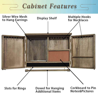 Rustic Wall Mounted Jewelry Organizer,Vintage Wooden Hanging Jewelry Holder Box with Barndoor Decor for Necklaces, Earings, Bracelets, Rings, Accessories. Includes Hook Organizer