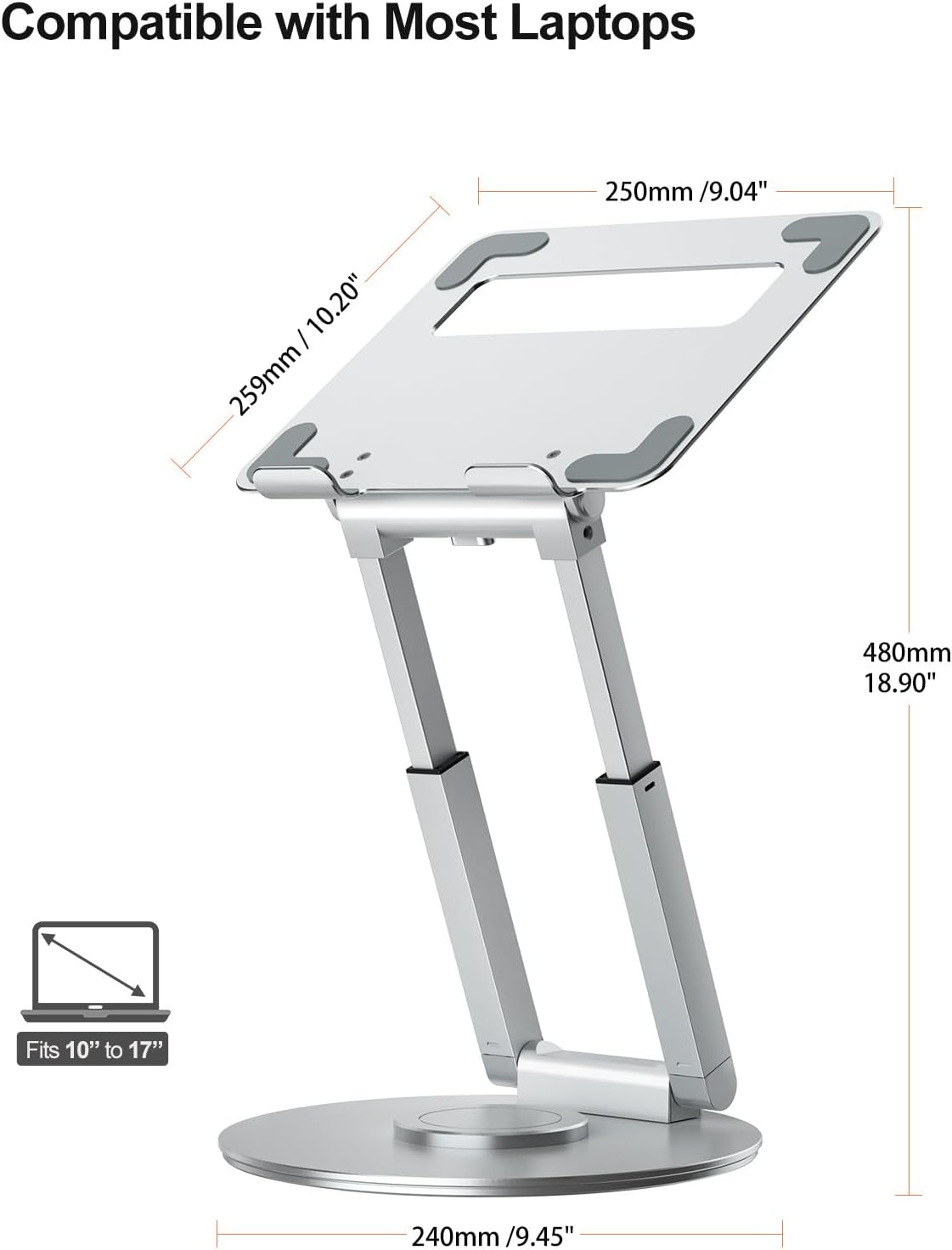 tounee Telescopic Laptop Stand for Desk with 360° Swivel Base, Sit to Stand, Height Adjustable, Portable Riser Holder for Good Posture, Compatible with All Laptops 10-17"-Silver