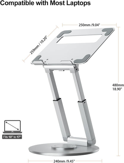 tounee Telescopic Laptop Stand for Desk with 360° Swivel Base, Sit to Stand, Height Adjustable, Portable Riser Holder for Good Posture, Compatible with All Laptops 10-17"-Silver