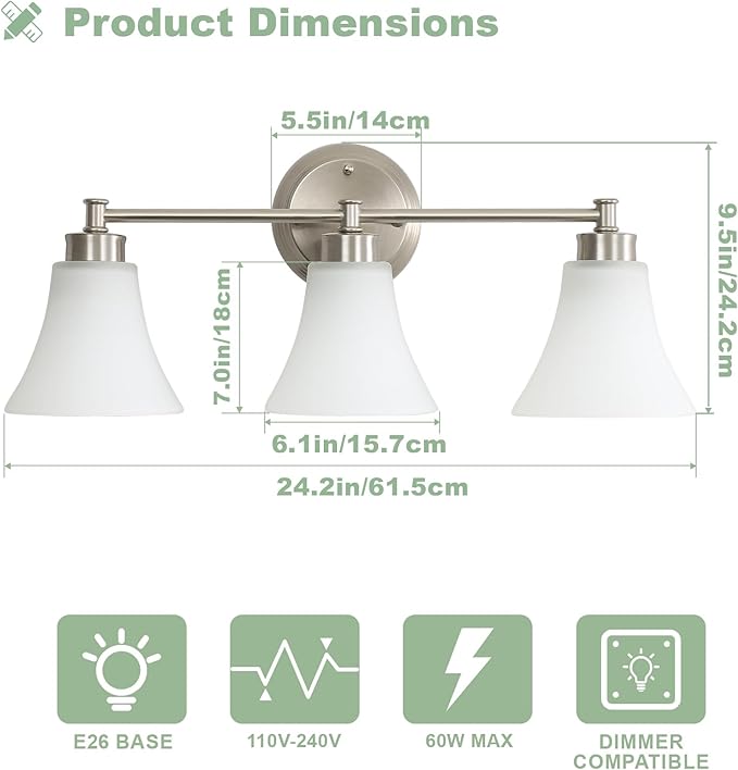 LOUSACE 3 Light Bathroom Vanity Light Vintage Brushed Nickel Bathroom Lighting