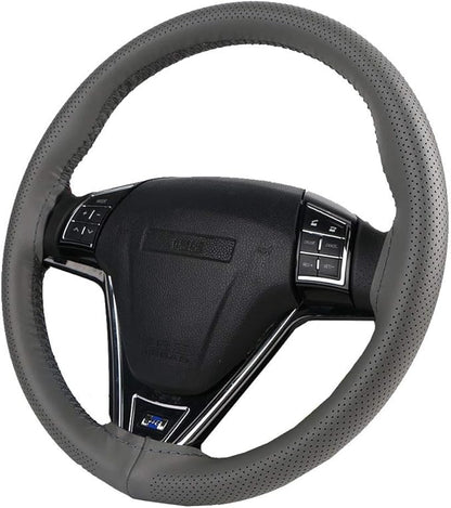 Universal Car Steering Wheel Cover Leather Breathable Design 15 Inch Diameter Cowhide Steering Handlebar Wrap Fit Most Car SUV Gray