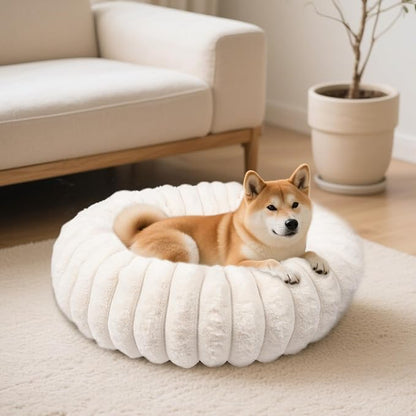 Vhen When Donut Dog and Cat Bed, Luxurious Comfortable Faux Rabbit Fur Pet Beds, Round Anti-Anxiety Calming Puppy Kitten Bed with Anti-Slip Bottom for Small Medium Dogs & Cats(28", White)