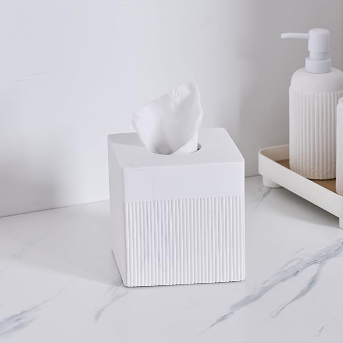 White Tissue Box Cover Square Resin Tissue Holder for Home Decor, Hand Poured Marble Ribbed Cube Tissue Box Holder – 5.5 Inch Heavy Duty Luxury Tissue Box Case for Bathroom, Living Room, Office