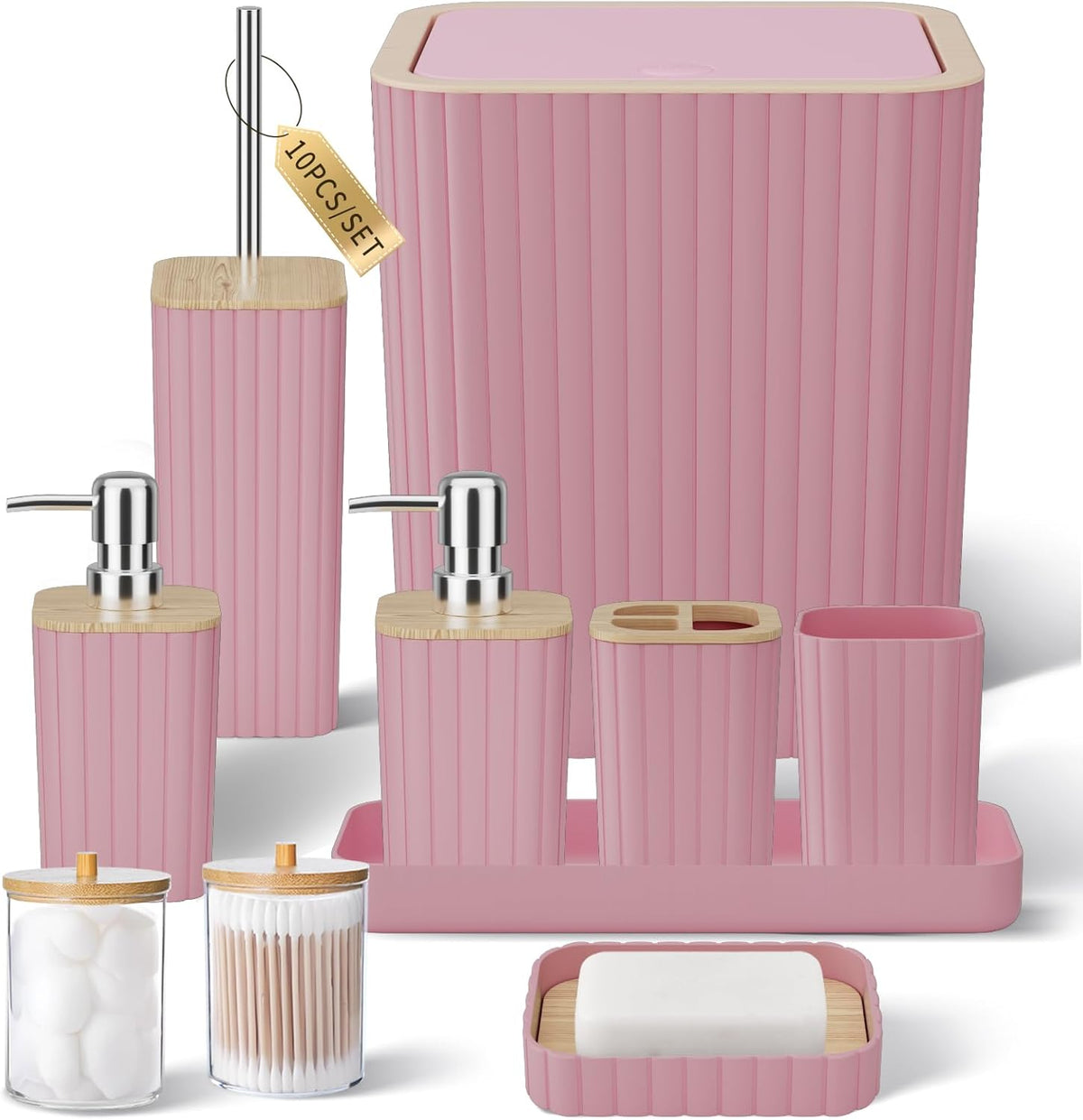 Bathroom Accessories Set - Elegant Pink Bathroom Set, 10PC Bathroom Accessory Set, Toilet Brush, Bathroom Trash Can