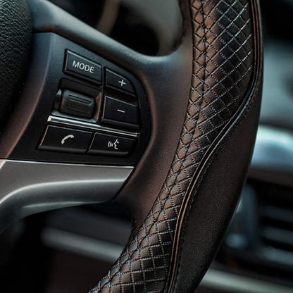 Valleycomfy Steering Wheel Covers Universal 15 inch - Genuine Leather, Breathable, Anti Slip & Odor Free (Black with Black Lines, M(14" 1/2-15" 1/4))