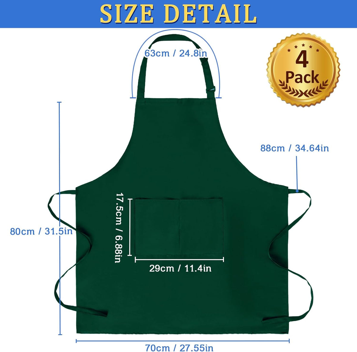 4 Pack Chef Apron, Adjustable Apron with 2 Pockets, Unisex Personalised Apron for Cooking, Kitchen, Restaurant