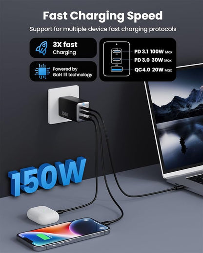 150W USB C Charger Block, GaN III Compact Foldable Wall Charger 3 Port Fast
