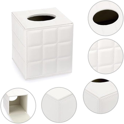 Sumnacon Square Leather Tissue Box Cover - Stylish Cube Tissue Box Holder with Magnetic Bottom, Decorative PU Tissue Box for Vanity Dresser Night Stand Table Countertop Home Office Car, Grid White