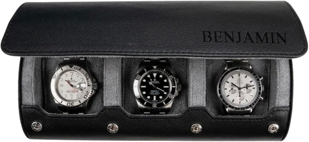 DailyWatch | Personalized Watch Roll Travel Case For 3 Watches - Handmade Genuine Leather Travel Case With Custom Engraving of Name or Initials -