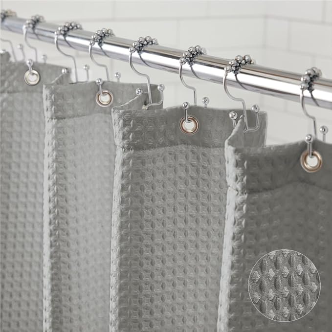 GORILLA GRIP Waffle Shower Curtain, Thick Weighted Fabric, Wrinkle and Rust Resistant, Classic Hotel Quality Design, Heavy Duty Long Curtains for Bathroom Showers, Bath Tubs, Machine Wash, 72x72, Gray