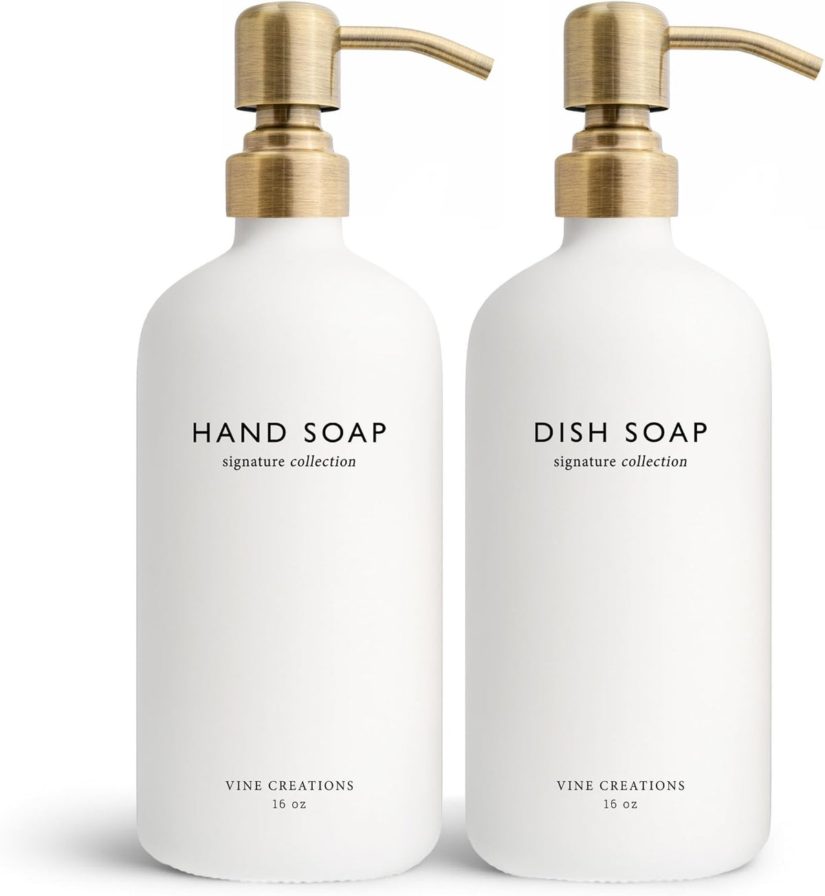 Vine Creations White Glass Soap Dispenser Set, Dish Soap and Hand Soap Dispenser Set with Stainless Steel Pump, 16 oz Glass Dispensers for Kitchen or Bathroom Decor (Matte White Bottle/Brushed Brass)