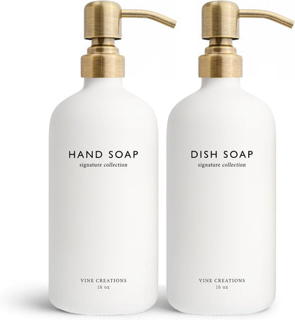 Vine Creations White Glass Soap Dispenser Set, Dish Soap and Hand Soap Dispenser Set with Stainless Steel Pump, 16 oz Glass Dispensers for Kitchen or Bathroom Decor (Matte White Bottle/Brushed Brass)
