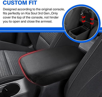 Karltys for Kia Soul Center Console Cover 2020-2024 2025, Leather Middle Console Cover for Kia Soul Accessories Waterproof Armrest Seat Box Cover Elbow Cushion Pad Protector Anti-Scratch