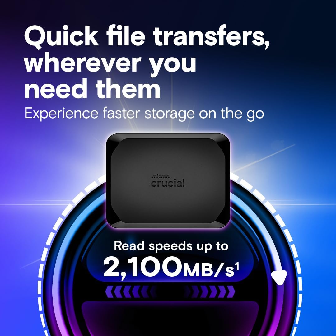 Crucial X10 2TB Portable SSD, Up to 2,100MB/s, USB 3.2 USB-C, External Solid State Drive, Compatible with Windows, Mac & Android, Durable Storage for Games, Photos & Files, Black - CT2000X10SSD9C02