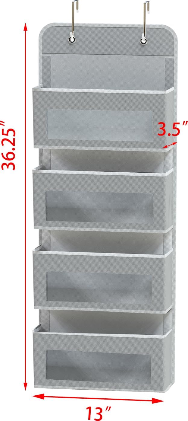 Simple Houseware 4 Clear Window Pocket Over Closet Door Storage Hanging Organizer for Bedroom, Bathroom, Pantry, Gray