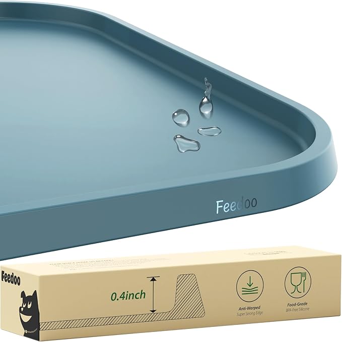 Feedoo Pet Feeding Mat [Warped Resistant Raised Edge], Water-Proof Silicone Placement for Food Water Bowls, Anti-Slip Base Protect Floor, BPA-Free&Dishwasher-Safe [28.5x16.5inch XL, Blue]