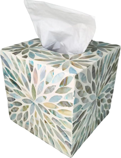 i-lan Mother of Pearl Cube Tissue Cover Box,Sea Pearl Shell Blue Flower Decorative Square Tissue Holder,5.9” Capiz Mop Napkin Box with Bottom Slider