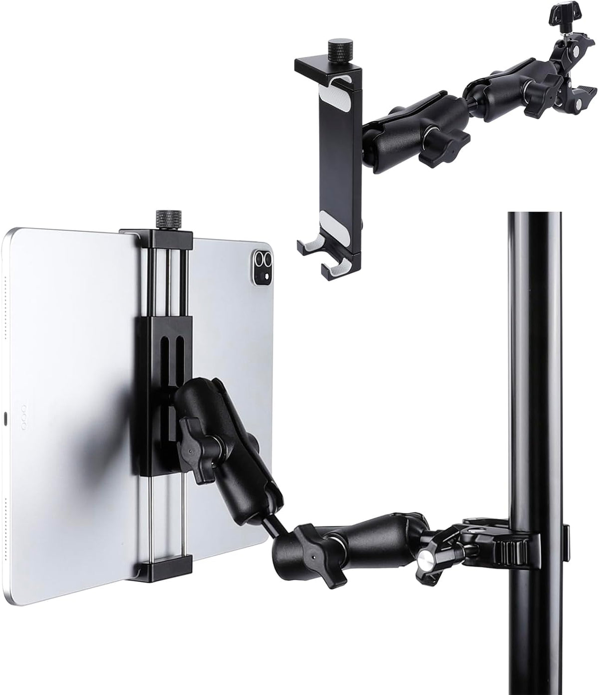 Aluminum Dual Arm Tablet Mount with Super Clamp for Rails 0.5'' to 2'' in Diameter, Side Mount Tablet Holder for Mic Stand, Compatible with iPad Pro 12.9 Air Mini, Galaxy Tab, 4.7-12.9" Tablets