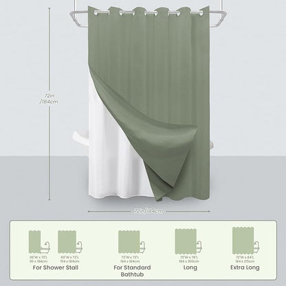 Inhousolu No Hook Waffle Weave Shower Curtain with Removable Snap in Fabric Liner Set for Bathroom, 230 GSM Heavy Duty Weighted Hem, Water Repellent Washable Bath Curtains, 72 x 72 Inch, Sage Green