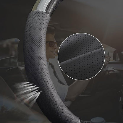 KAFEEK 16 inch Classic Carbon Fiber Steering Wheel Cover Compatible with F150 F250 F350 Ram 4Runner Tacoma Tundra Range Rover, Breathable Microfiber Leather, Black