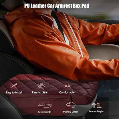 Universal Memory Cotton Car Armrest Box Pad, 2026 New Leather Car Armrest Box Pad with 2 Storage Bags, Auto Armrest Seat Box Cover, Center Console Cover Cushion for SUV, Car, Truck (Orange)
