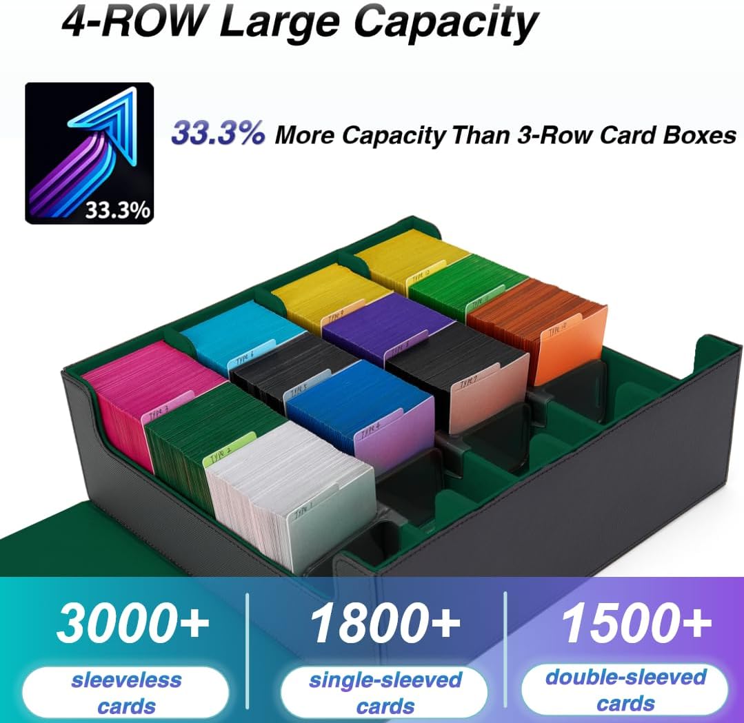 Venssu Card Storage Box For Trading Cards With Dedicated Card Supporters,3000+ Mtg Deck Box With 24 Colorful Divider Tabs,Trading Card Storage Fits For Magic Game Cards (Black and Green)