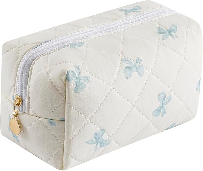 Gleyemor Small Quilted Makeup Bag for Women, Cute Floral Bow Cosmetic Bag, Emergency Bag Travel Toiletry Cotton Pouch Gifts for Girls Her Mom Friend Sister Bridesmaid (Small Blue Bowknot)
