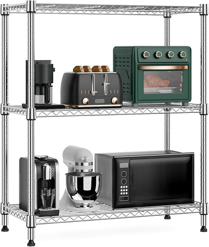 750 lbs 3 Tier Storage Rack Metal Wire Shelving Unit, Storage Standing Shelf Organizer for Laundry Bathroom Kitchen Pantry Closet Garage Basement Utility Room, Chrome 13.8" D x 29.5" W x 35.5" H