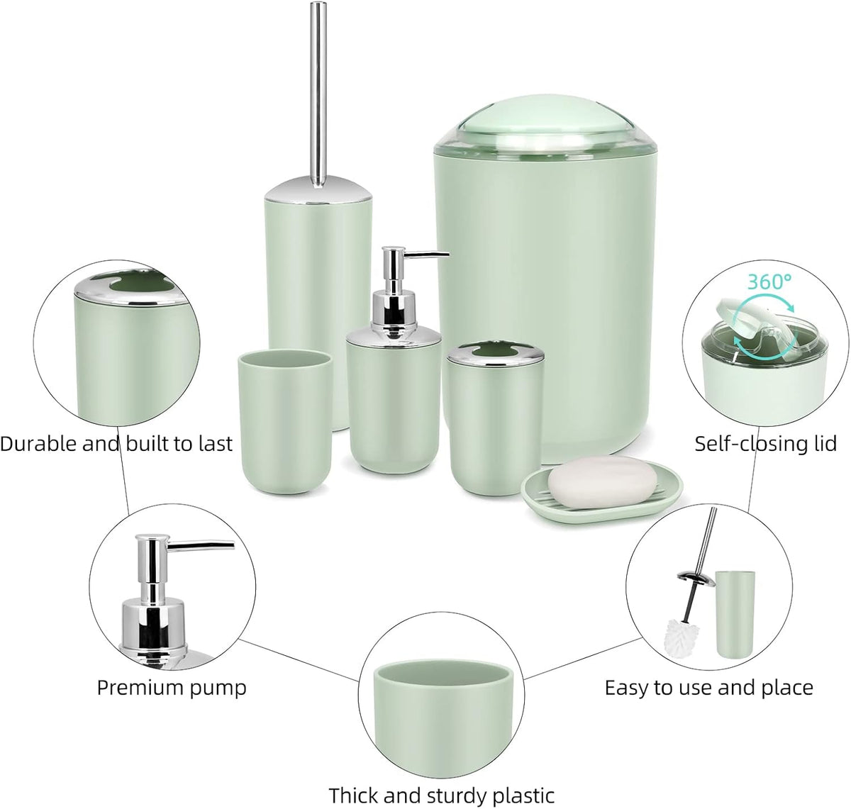 IMAVO Bathroom Accessories Set,Green Bathroom Set,7 Pieces Bathroom Accessory Set,Tray,Toilet Brush,Trash Can for Bathroom Décor and Housewarming Gifts