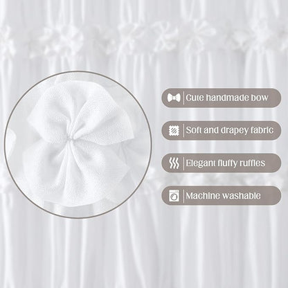 XOGUIBO White Ruffle Shower Curtain with Handmade Bow Tie, Linen Vintage Farmhouse Shower Curtain for Bathroom, 72" W x 84" H