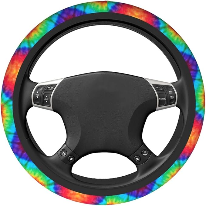 Tie Dye Steering Wheel Cover with 2 Car Coasters Non Slip Neoprene for Women Men Universal 15 Inch
