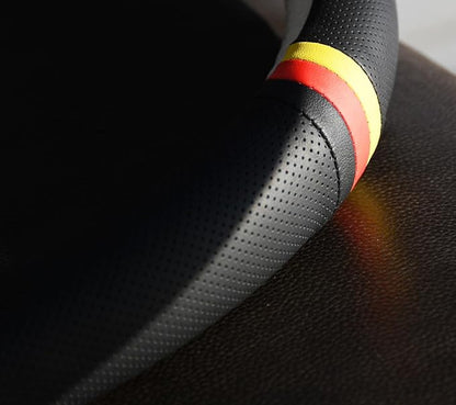 Quick Install Sporty Perforated Nappa Leather Steering Wheel Cover with German Stripes for Porsche Mercedes Audi BMW VW Deutsch-Ness 14.5 to 15 inches SW