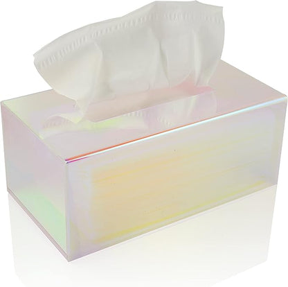 Acrylic Tissue Box Holder, Clear Dispenser for Facial Tissues, Napkins, and Dryer Sheets. Perfect for Bathrooms, Desks, Countertops, Vanities, Bedrooms, and Nightstands (Rectangle, Iridescent)