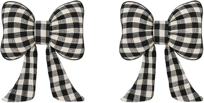 Car Accessories Plaid Bow Headrest Lumbar Pillow 4PCs Set Cotton Linen Elegant Soft Car Seat Cushions for Daily Commuting Trave (Black Plaid,Headrest 2pcs)