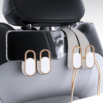 2PCS Car Seat Headrest Hook, Leather Dual Hook Vehicle Seat Back Storage Organizer for Purse Handbag Umbrella, Auto Backseat Groceries Hanger Holder, Universal for Truck SUV Sedan (Beige)