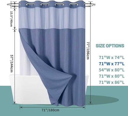 eachope MoonLightBlue No Hook Waffle Weave Shower Curtain with snap-in Liner Replacement, 230GSM Waterproof Fabric Hotel Shower Curtain Set for Bathroom, Through Mesh Top Window,71Wx77H