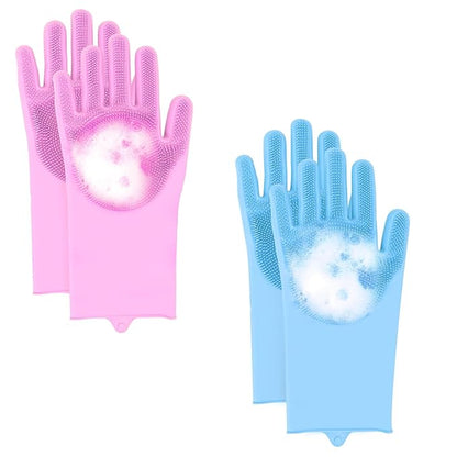 2-Pair Pet Hair Remover Glove for Dogs and Cats Washing, Grooming, & Deshedding – Multipurpose Silicone Dog Bath Gloves, Cat Brush Glove Mitt for Pet Cleaning & Household Use (pink & Blue)