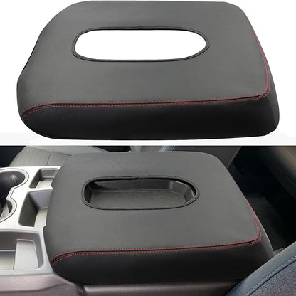 Center Console Armrest Cover for Chevy Silverado/GMC Sierra Accessories 2019-2024 2025 Arm Rest Box Pad Middle Console Lid Cushion Leather Protective Case Only for Jump Seat (Red Stitches)