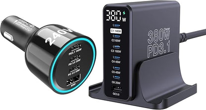 URVNS 240W 4-Ports USB C Car Charger Bundle with a 380W 7-Ports USB C Charging Station with LED Display