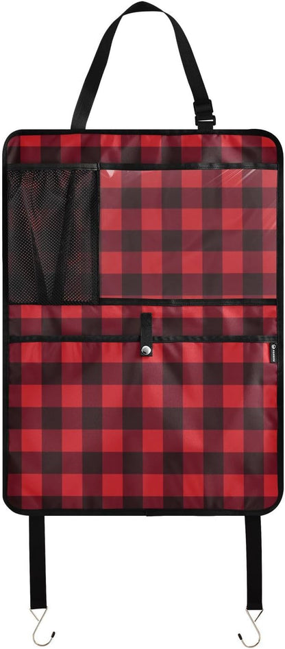 2 Pack Back Seat Car Organizer with Storage Pockets Kick Mats Back Seat Protector Hanging Car Organizer Automotive Seat Back Cover Organizers Red and Black Buffalo Plaid